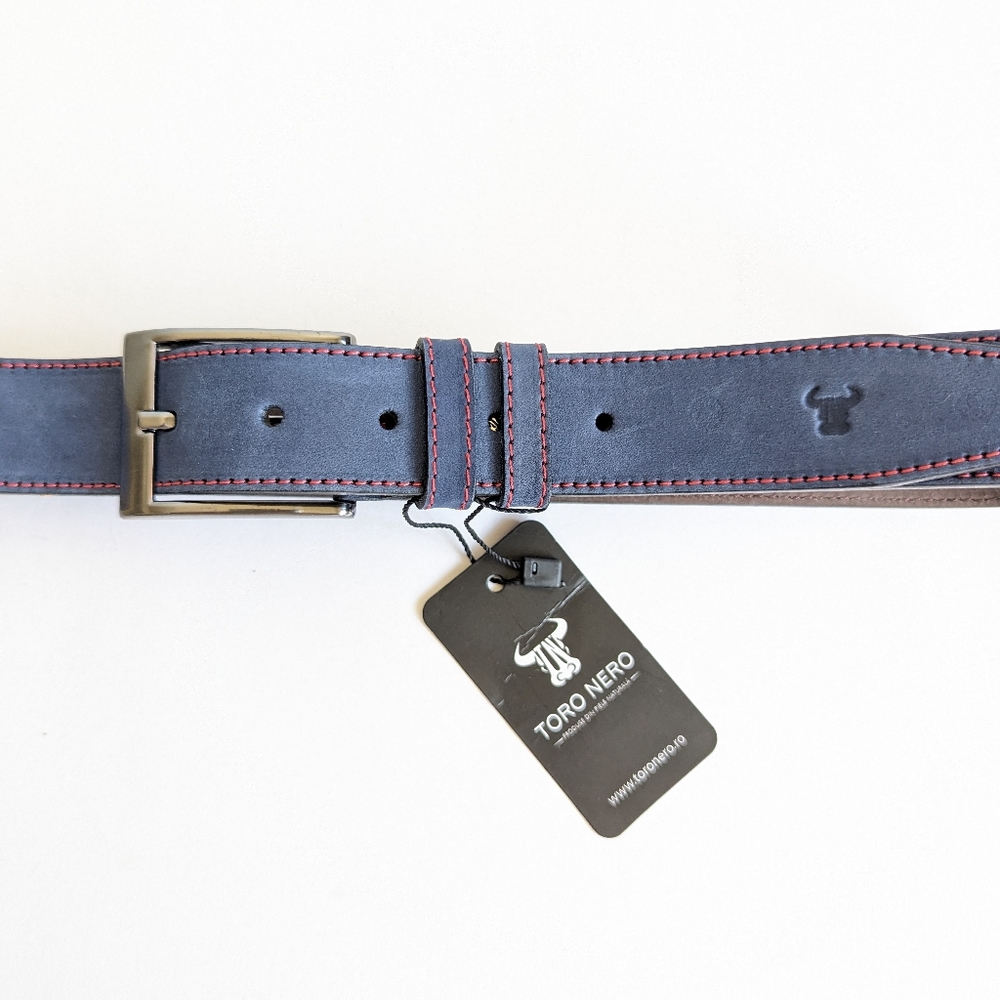 TORO NERO Navy Leather Red Lined Mens Belt 🥇 Gunmetal NEW Size 34 thru 39